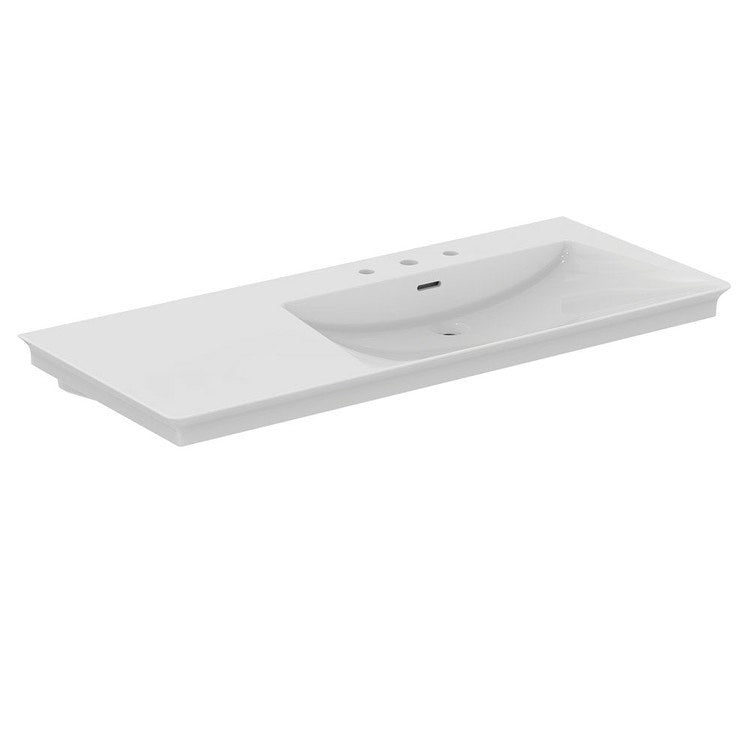 Ideal Standard Asymmetrische Aufsatzwaschtisch L. 126 cm, mit 3 Armaturenlöchern rechts, mit Überlauf, Weiß, glänzende Oberfläche LA DOLCE VITA E269701