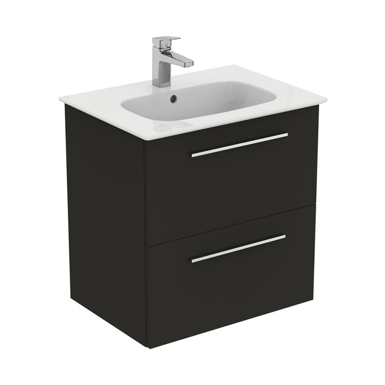 Ideal Standard I.Life Ein Set mit Unterschrank L. 60 cm, 2 Schubladen, Weiß, matte Oberfläche und Waschbecken L. 60 cm mit Armaturenloch und Überlauf, Farbe Quarzgrau, matte Oberfläche T5255NG+T461901