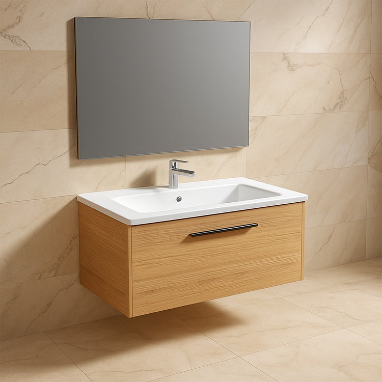 Ideal Standard Set L. 100 cm mit Unterschrank, helle Eichenoberfläche, Waschbecken, Weiß, glänzende Oberfläche, rechteckiger Spiegel I.LIFE B T5275NX+T460301