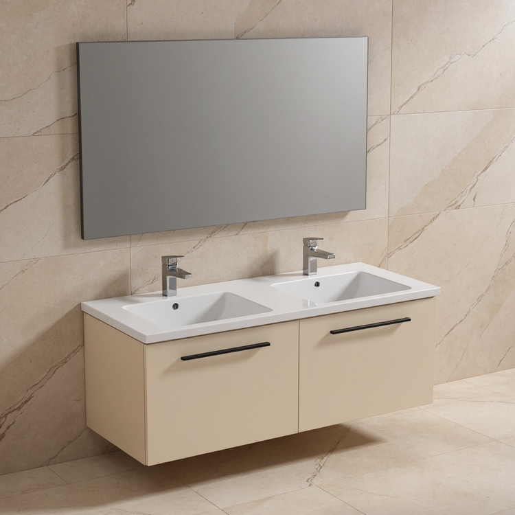 Ideal Standard Set L. 120 cm mit Unterschrank, Farbe Sand matt, Waschbecken, Weiß glänzend, rechteckiger Spiegel I.LIFE B T5277NF+T460201