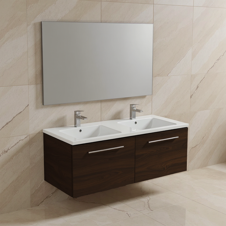 Ideal Standard Set L. 120 cm mit Unterschrank, Dunkel-Eichen-Finish, Waschbecken, Weiß, glänzende Oberfläche, rechteckiger Spiegel I.LIFE B T5277NW+T460201
