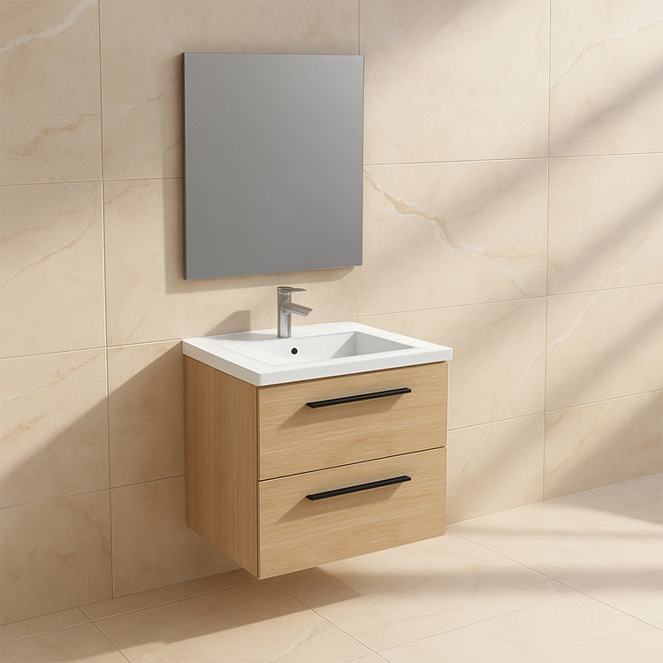 Ideal Standard Set L. 60 cm mit Unterschrank, helle Eichenoberfläche, Waschbecken, Weiß, glänzende Oberfläche, rechteckiger Spiegel I.LIFE B T5270NX+T460501