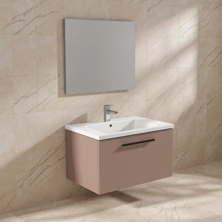 Ideal Standard Set L. 80 cm mit Unterschrank, Farbe Greige, matte Oberfläche, Waschbecken, Weiß, glänzende Oberfläche, rechteckiger Spiegel I.LIFE B T5271NH+T460401