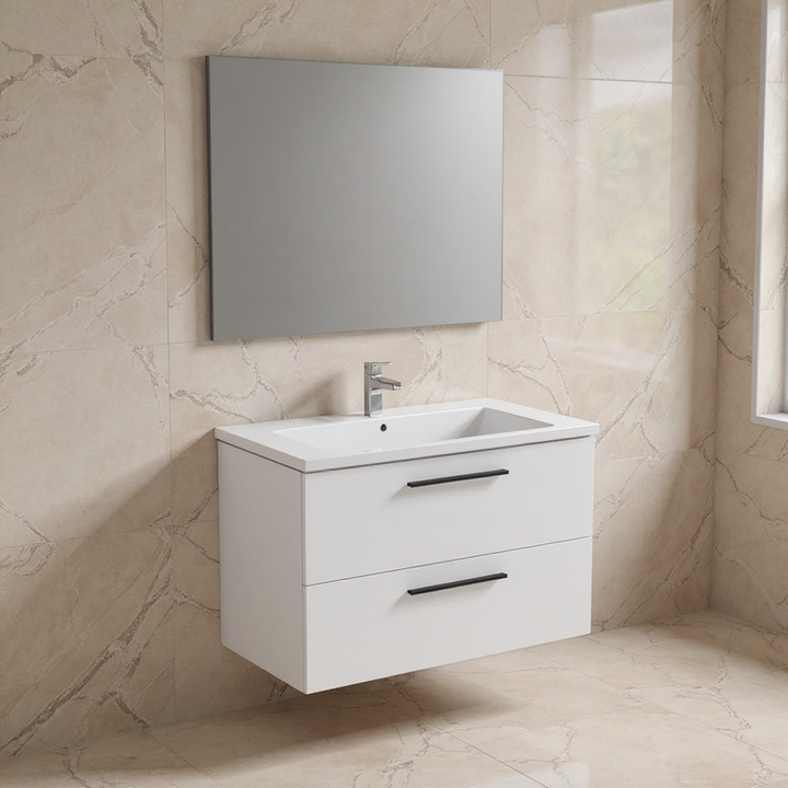 Ideal Standard Set L. 100 cm mit Unterschrank, Weiß matt, Waschbecken, Weiß glänzend, rechteckiger Spiegel I.LIFE B T5276DU+T460301