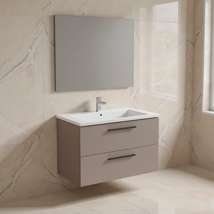 Ideal Standard Set L. 100 cm mit Unterschrank, Farbe Greige, matte Oberfläche, Waschbecken, Weiß, glänzende Oberfläche, rechteckiger Spiegel I.LIFE B T5276NH+T460301