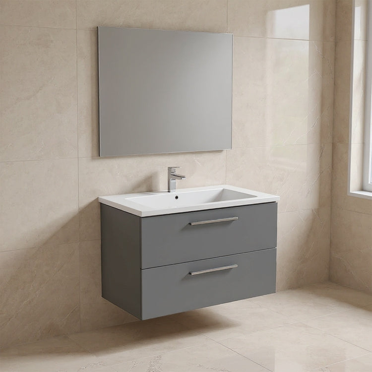 Ideal Standard Set L. 100 cm mit Unterschrank, Quarzgrau Farbton, matte Oberfläche, Waschbecken, weißer Farbton, glänzende Oberfläche, rechteckiger Spiegel I.LIFE B T5276NG+T460301