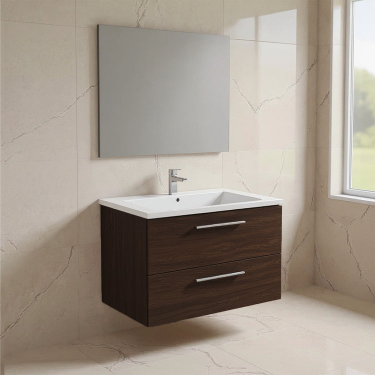Ideal Standard Set L. 100 cm mit Unterschrank, Dunkeleiche-Finish, Waschbecken, Weiß glänzend, Rechteckspiegel I.LIFE B T5276NW+T460301