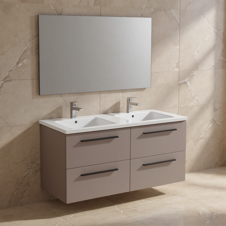 Ideal Standard Set L. 120 cm mit Unterschrank, Farbe Greige matt, Waschbecken, Weiß glänzend, rechteckiger Spiegel I.LIFE B T5278NH+T460201