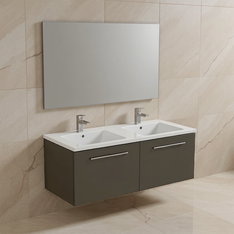 Ideal Standard Set L. 120 cm mit Unterschrank, Quarzgrau Farbton, matte Oberfläche, Waschbecken, weißer Farbton, glänzende Oberfläche, rechteckiger Spiegel I.LIFE B T5277NG+T460201