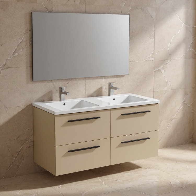 Ideal Standard Set L. 120 cm mit Unterschrank, Farbe Sand, mattes Finish, Waschbecken weiß, glänzendes Finish, rechteckiger Spiegel I.LIFE B T5278NF+T460201