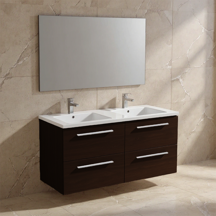 Ideal Standard Set L. 120 cm mit Unterschrank, dunkle Eiche Ausführung, Waschbecken weiß glänzend, rechteckiger Spiegel I.LIFE B T5278NW+T460201
