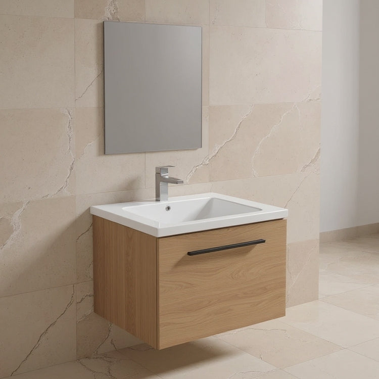 Ideal Standard Set L. 60 cm mit Unterschrank, helle Eichenoberfläche, Waschbecken, Weiß, glänzende Oberfläche, rechteckiger Spiegel I.LIFE B T5269NX+T460501