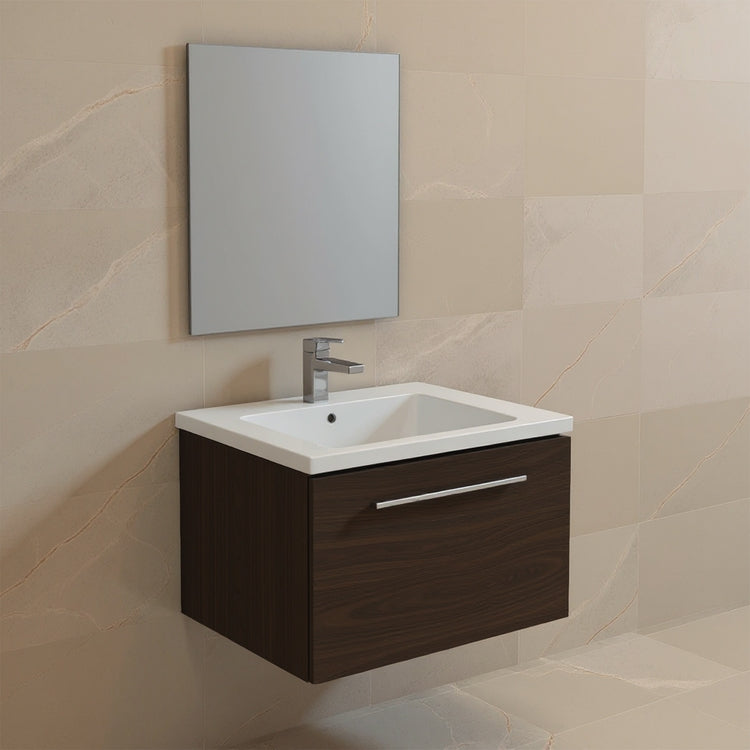 Ideal Standard Set L. 60 cm mit Unterschrank, Dunkel-Eichen-Finish, Waschbecken, Weiß, glänzende Oberfläche, rechteckiger Spiegel I.LIFE B T5269NW+T460501