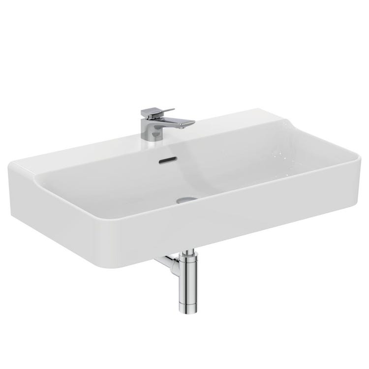 Ideal Standard Rechteckiges, emailliertes Waschbecken, wandhängend oder aufstellbar, L. 80 cm, einlochbohrung, mit Überlauf, Weiß, glänzende Oberfläche CONCA T369201