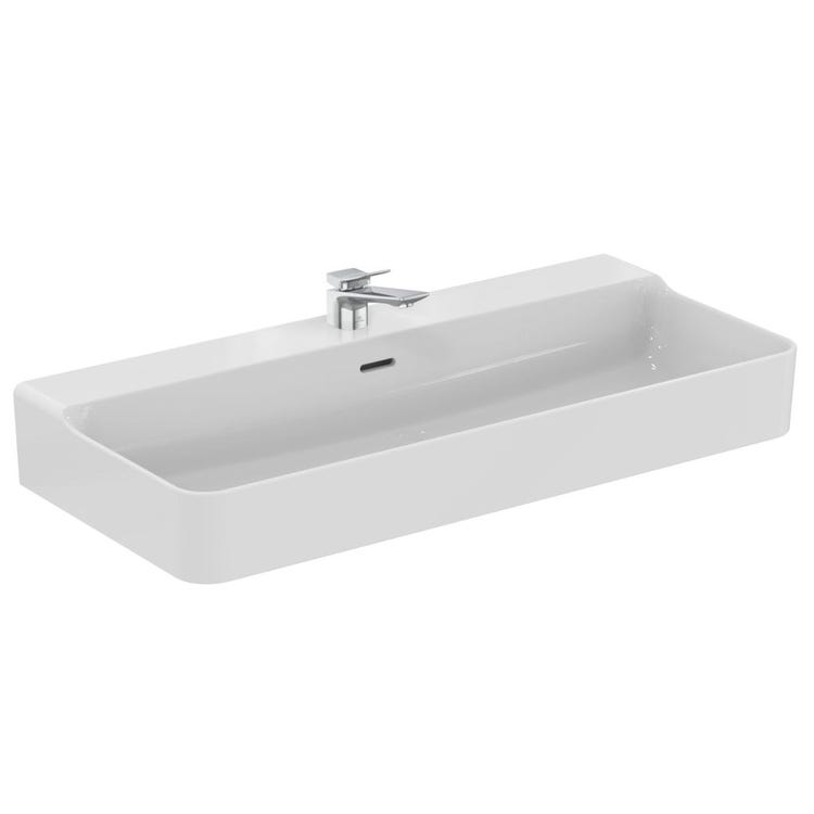 Ideal Standard Waschbecken emailliert, rechteckig, hängend oder aufliegend, L. 100 cm, einloch, mit Überlauf, Farbe Seidenweiß, matte Oberfläche CONCA T3693V1