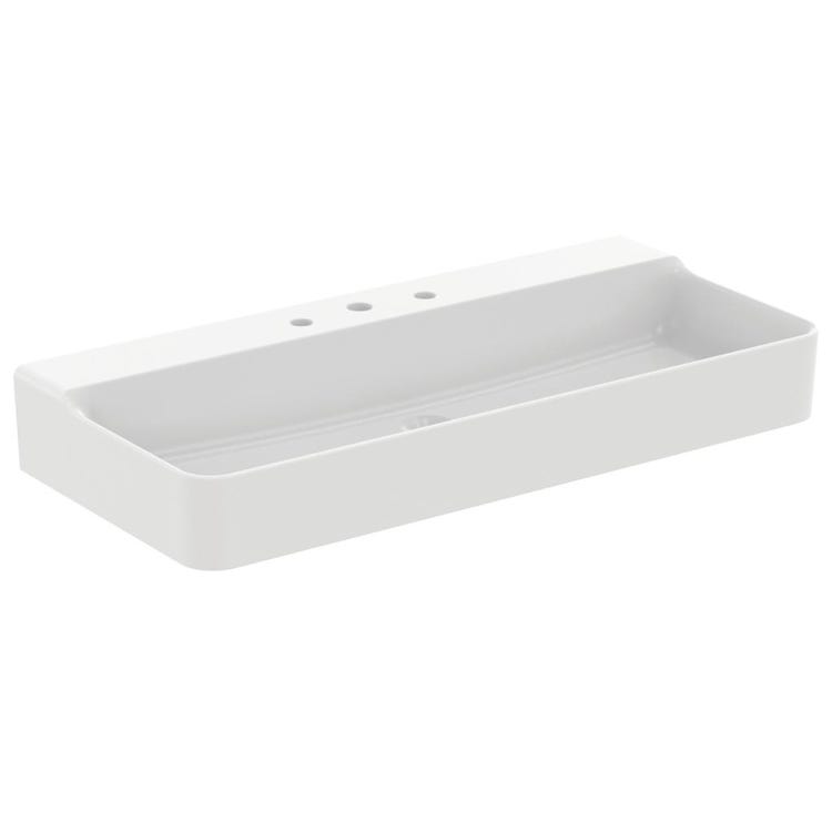 Ideal Standard Rechteckiges, kalibriertes Waschbecken, hängend oder aufliegend, L. 100 cm, 3 Löcher, ohne Überlauf, Weiß, glänzende Oberfläche CONCA T383601
