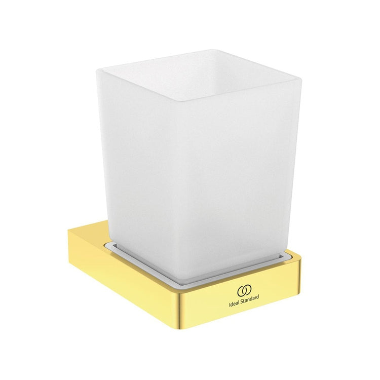 Ideal Standard Quadratischer Zahnputzbecherhalter, aus mattem Glas mit Metallhalterung, gebürstete Goldoberfläche CONCA T4504A2