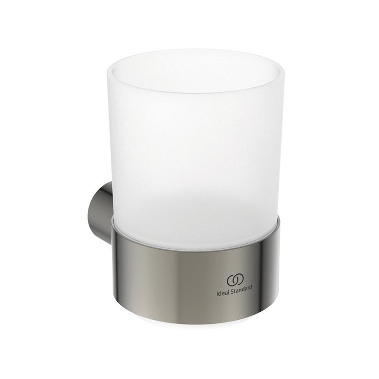 Ideal Standard Zahnputzbecher aus mattiertem Glas, mit Metallhalterung, Silber Storm-Finish CONCA T4505GN
