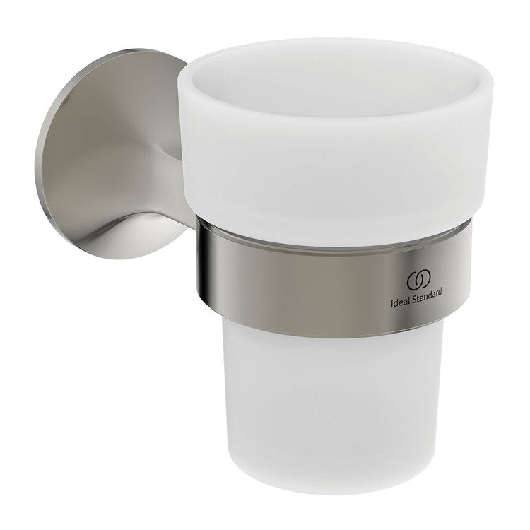 Ideal Standard Zahnputzbecherhalter zur Wandmontage, aus satiniertem Glas, mit Metallhalterung, Silber-Sturm-Finish LA DOLCE VITA T5506GN