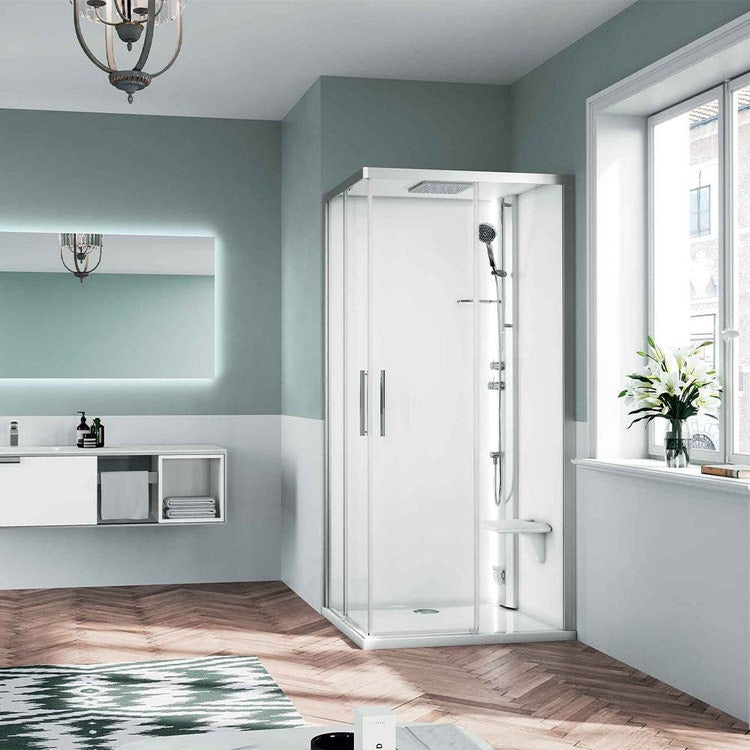 Novellini Multifunktionale asymmetrische Duschkabine rechts, mit 2 Schiebetüren, Thermostatmischer und Dach mit Standard-Duschkopf, Farbe Silber GLAX G21A108DTF-1BB