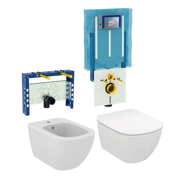 Ideal Standard Komplettes Set hängende Sanitäranlagen, WC mit Soft-Close-Sitz und Einloch-Bidet, Weiß matt, Combifix Installationsmodule für Mauerwerkswand TESI 111.907.00.5C-TESIBO