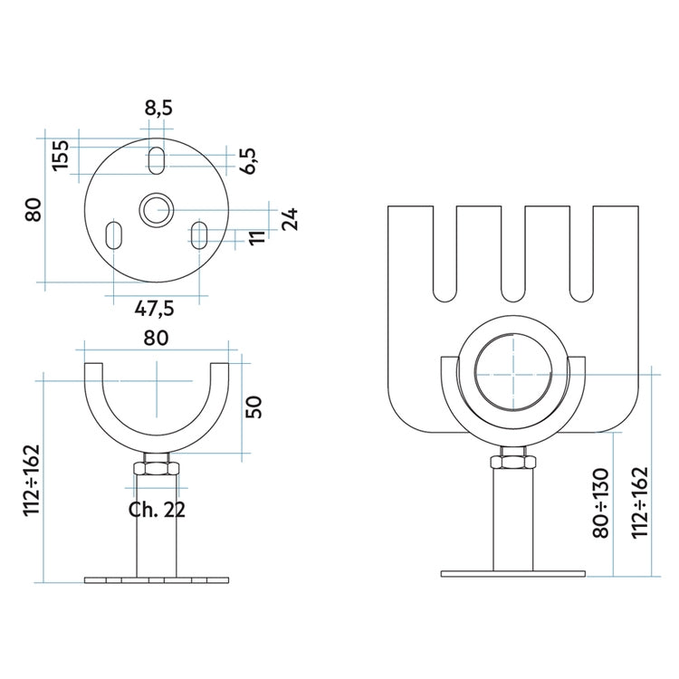 Irsap Bodenstütze für TESI, Tiefe verstellbar 80–130 mm, Graphitschwarz Strukturlack (Farbcode 18) AMENSPAV18