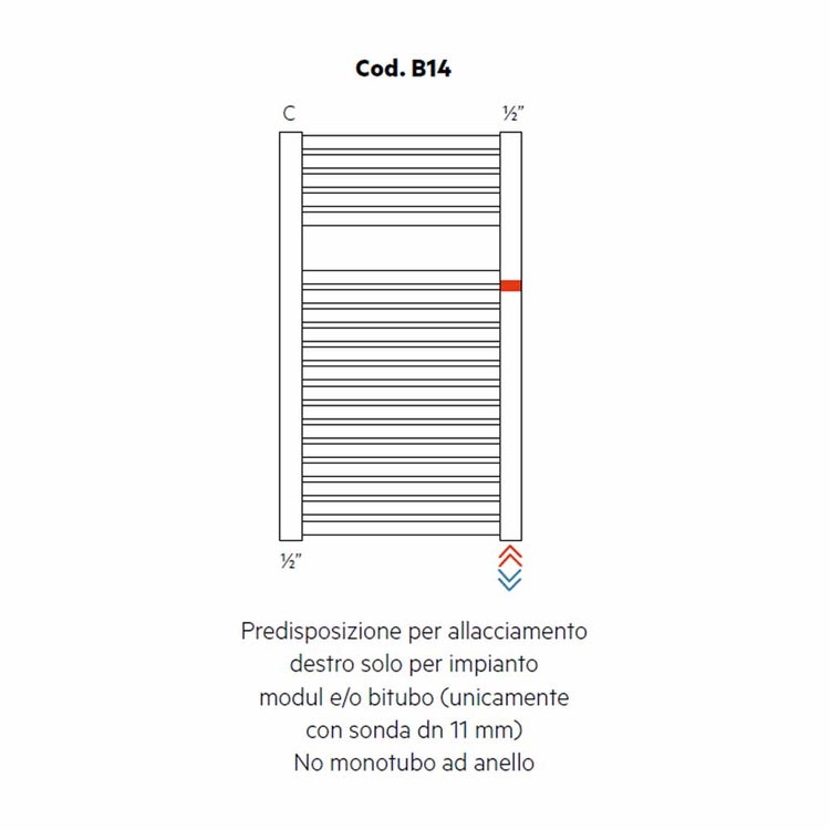 Irsap Vorrichtung für rechten Anschluss nur für Modul- und/oder Zweirohranlage (nur mit Sonde DN 11 mm), kein Einschleif-System, Ausrichtung des Heizkörpers horizontal Cod.B14