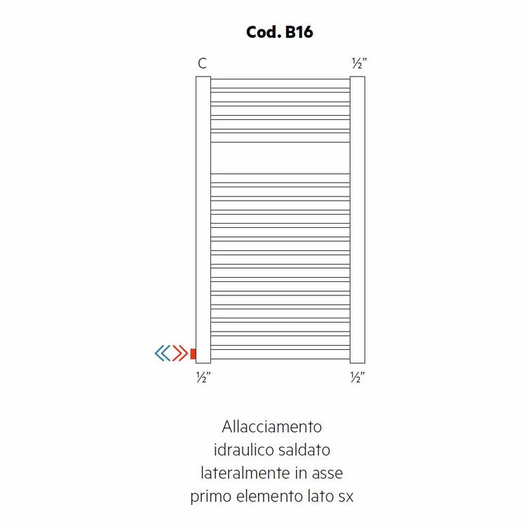Irsap Hydraulischer Anschluss seitlich geschweißt in Achse erstes Element linke Seite, Heizkörperausrichtung horizontal Cod.B16