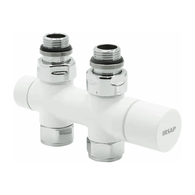 Irsap Ventil-Set Ventil und Rücklaufverschraubung, Durchgangsform, thermostatisierbar, Anschluss Kupfer/Mehrschicht 1/2", Abstand 50 mm, mit Voreinstellung, Weiß Standard glänzend (Farbcode 01) VALKIT50DIRCU01