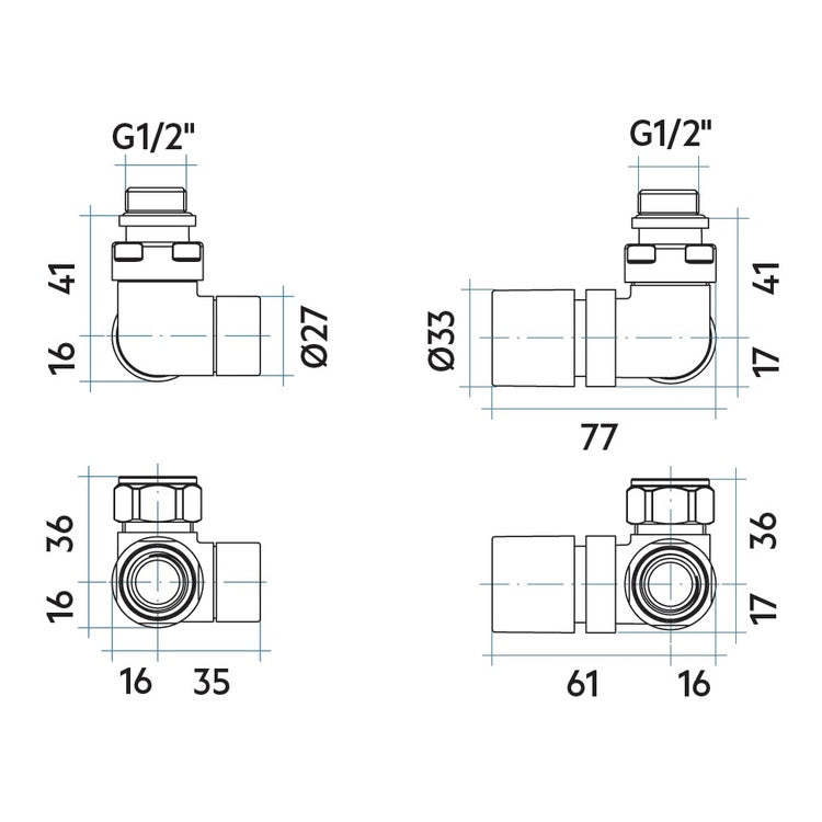 Irsap Ventil-Set SALVASPAZIO: Ventil rechts und Rücklaufverschraubung links, Eckform, thermostatisierbar mit Voreinstellung, Anschluss Kupfer/Mehrschicht 1/2", Anthrazitgrau matt (Farbcode 6V) VALKITSALVCU6V