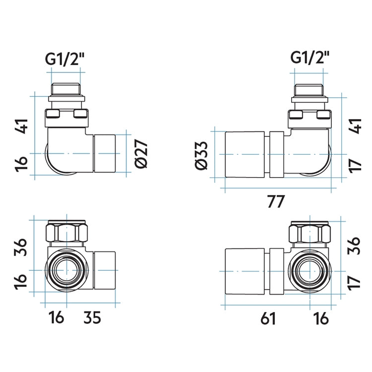 Irsap Ventil-Set SALVASPAZIO: Ventil links und Rücklaufverschraubung rechts, Eckform, thermostatisierbar mit Voreinstellung, Anschluss Kupfer/Mehrschicht 1/2", Rubinrot RAL 3003 seidenmatt (Farbcode 22) VALKITSALVCUS22