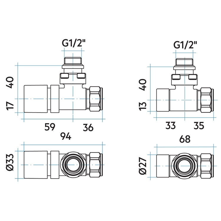 Irsap Ventil-Set Ventil und Rücklaufverschraubung, Eckform, mit Voreinstellung, thermostatisierbar, Anschluss Kupfer/Mehrschicht 1/2", Platin seidenmatt (Farbcode 6K) VALKITSQUCU6K