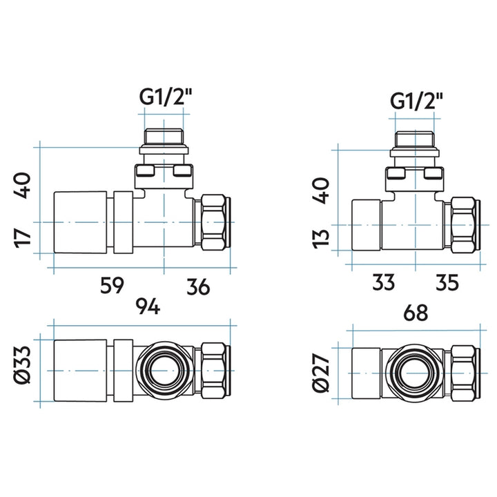 Irsap Ventil-Set Ventil und Rücklaufverschraubung, Eckform, mit Voreinstellung, thermostatisierbar, Anschluss Kupfer/Mehrschicht 1/2", Reinweiß RAL 9010 matt (Farbcode 7F) VALKITSQUCU7F