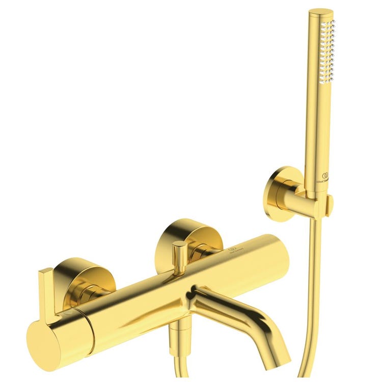 Ideal Standard Einhand-Außenmischer für Badewanne/Dusche, mit Brausekopf mit 1 Funktion, festem Wandhalter und 160 cm Schlauch, Oberfläche brushed gold JOY BC787A2