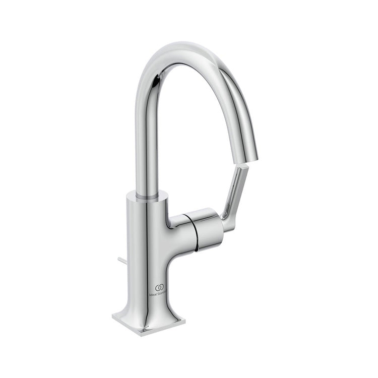 Ideal Standard Einhebelmischer H. 27 cm für Waschbecken, mit seitlichem linearem Griff, mit Ablauf, mit schwenkbarer Auslauf, Chromoberfläche JOY NEO BD147AA