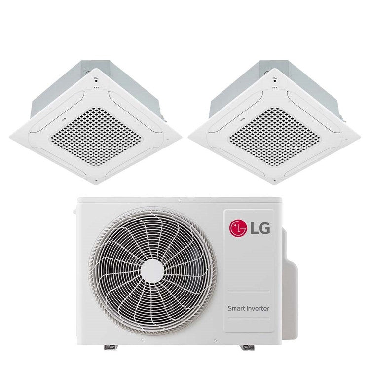 LG 2-fach-Split-Klimagerät 4-Wege-Kassette, Inverter, Weiß – Außengerät R32 6,2 kW, Innengeräte 9000+12000 BTU MU3R21.U24A0+CT[09|12]F.NR0