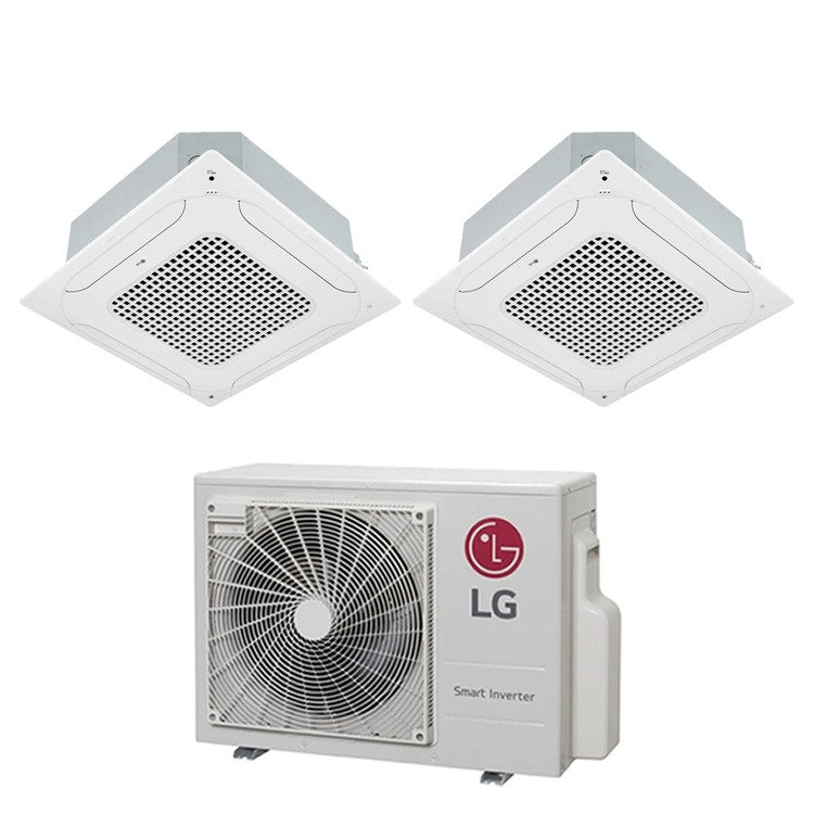 LG 2-fach-Split-Klimagerät 4-Wege-Kassette, Inverter, Weiß – Außengerät R32 6,2 kW, Innengeräte 9000+9000 BTU MU3R21.U23+CT[09|09]F.NR0