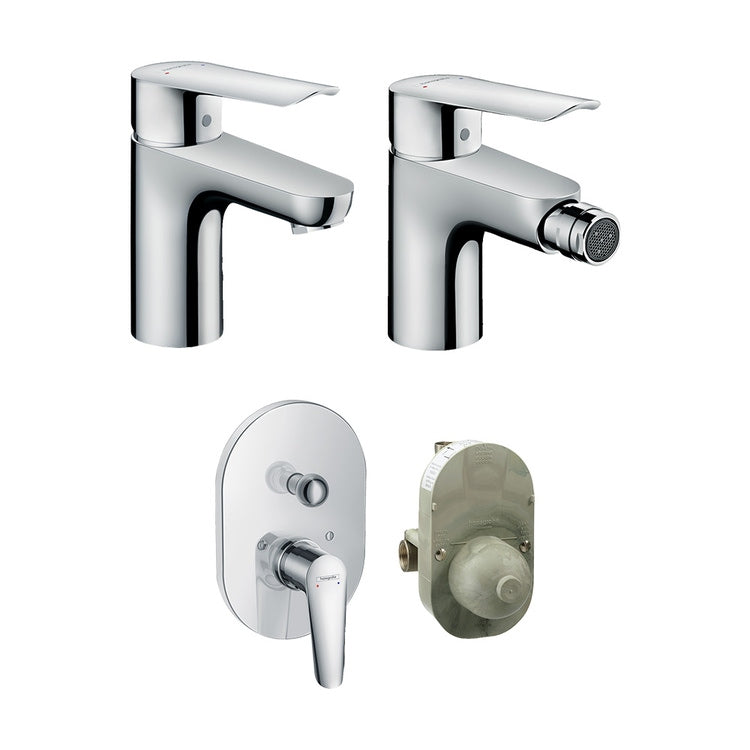 Hansgrohe Armaturen-Set mit Waschtischmischer mit Ablauf, Bidetmischer mit Ablauf und Unterputz-Wannenmischer, Unterputzkörper inklusive, Chromoberfläche LOGIS E SETLOGE003
