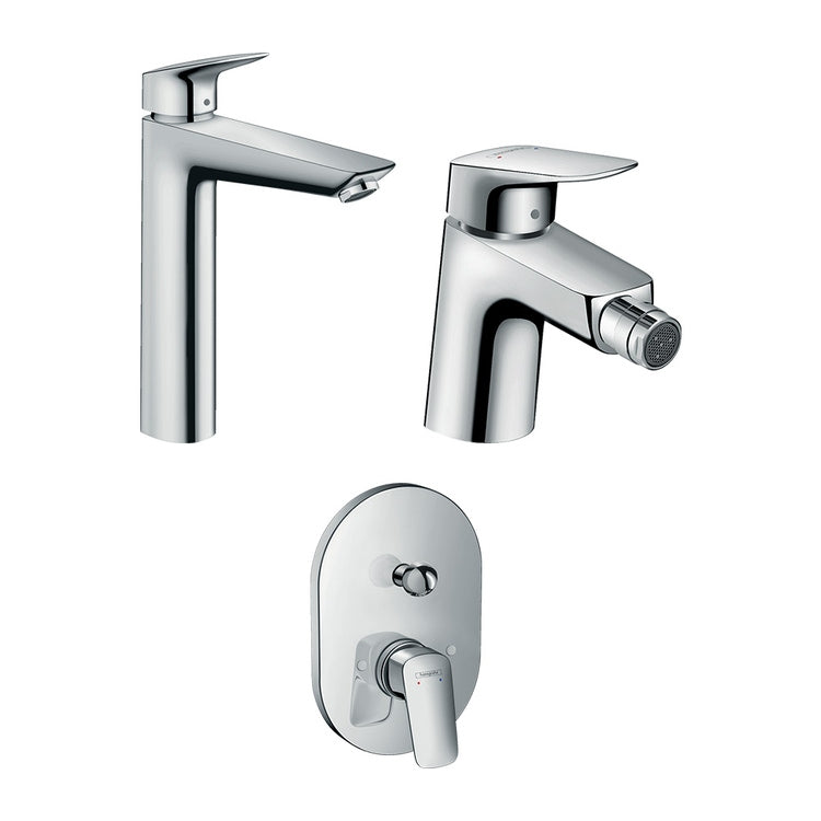 Hansgrohe Armaturen-Set mit Einhebel-Waschtischmischer mit Ablauf, Bidetmischer mit Ablauf, Einhebel-Badewannenmischer zur Unterputzmontage und Unterputzkörper, Chrom-Finish LOGIS SETLOG002