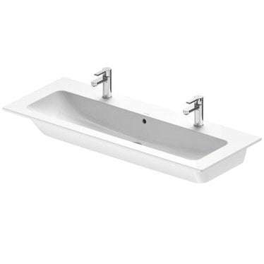 Duravit Konsolenwaschbecken 123 cm mit 2 getrennten Löchern für 2 Einhebelarmaturen, mit Überlauf, mit Armaturenrand, Weiß, matte Oberfläche ME BY STARCK 2361123224