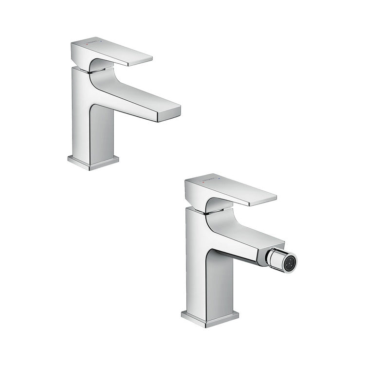 Hansgrohe Armaturen-Set mit Waschtischmischer ohne Ablauf und Bidetmischer ohne Ablauf, mit Push-Open, Chromoberfläche METROPOL SETMETR001