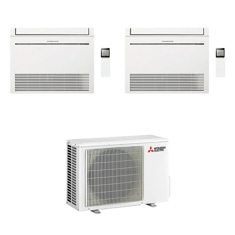Mitsubishi 2-fach-Split-Klimagerät MFZ-KT Console, Truhengerät, Inverter, WLAN, Weiß – Außengerät R32 5,3 kW, Innengeräte 9000+12000 BTU MXZ-2F53VF4+MFZ-KT[25|35]VGK