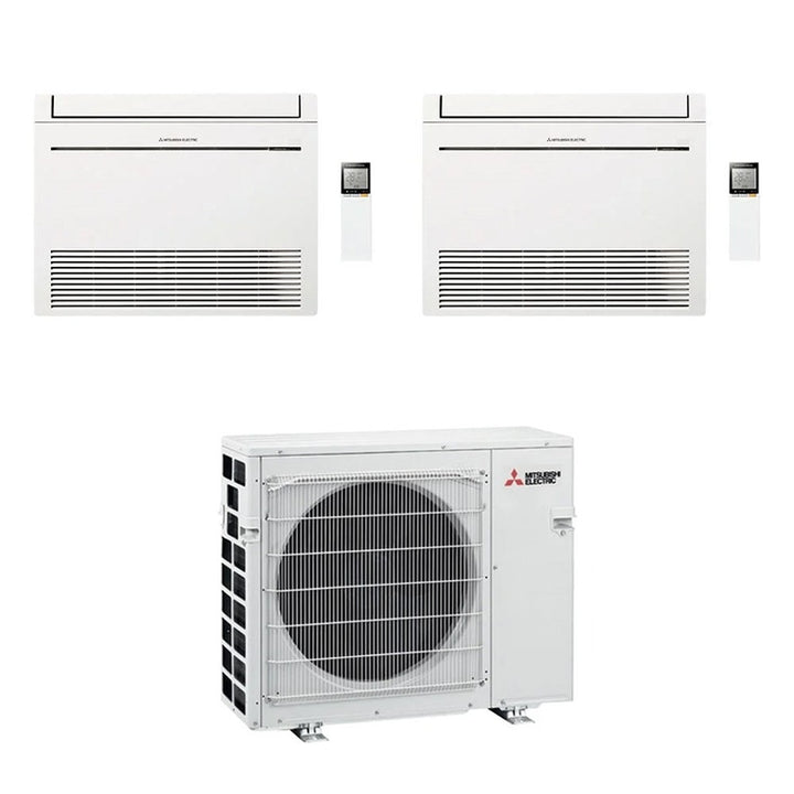 Mitsubishi 2-fach-Split-Klimagerät MFZ-KT Console, Truhengerät, Inverter, Weiß – Außengerät VFHZ R32 5,3 kW, Innengeräte 9000+9000 BTU MXZ-2F53VFHZ+MFZ-KT[25|25]VG