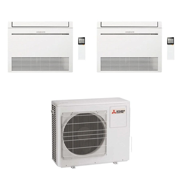 Mitsubishi 2-fach-Split-Klimagerät MFZ-KT Console, Truhengerät, Inverter, WLAN, Weiß – Außengerät R32 6,8 kW, Innengeräte 9000+18000 BTU MXZ-3F68VF4+MFZ-KT[25|50]VGK