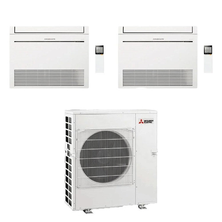 Mitsubishi 2-fach-Split-Klimagerät MFZ-KT Console, Truhengerät, Inverter, WLAN, Weiß – Außengerät R32 8,3 kW, Innengeräte 12000+12000 BTU MXZ-4F83VFHZ2+MFZ-KT[35|35]VGK