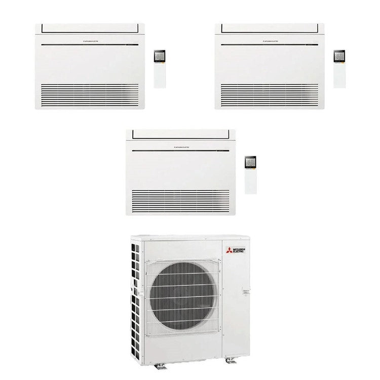 Mitsubishi 3-fach-Split-Klimagerät MFZ-KT Console, Truhengerät, Inverter, WLAN, Weiß – Außengerät R32 12 kW, Innengeräte 9000+12000+12000 BTU MXZ-6F120VF+MFZ-KT[25|35|35]VGK