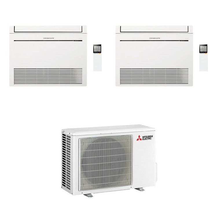 Mitsubishi 2-fach-Split-Klimagerät MFZ-KT Console, Truhengerät, Inverter, Weiß – Außengerät R32 3,3 kW, Innengeräte 9000+9000 BTU MXZ-2F33VF+MFZ-KT[25|25]VG