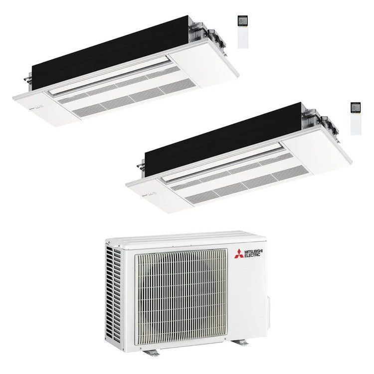 Mitsubishi 2-fach-Split-Klimagerät MLZ-KP 1-Wege-Kassette, Inverter, Weiß – Außengerät R32 3,3 kW, Innengeräte 7000+7000 BTU MXZ-2F33VF+MLZ-KY[20|20]VG