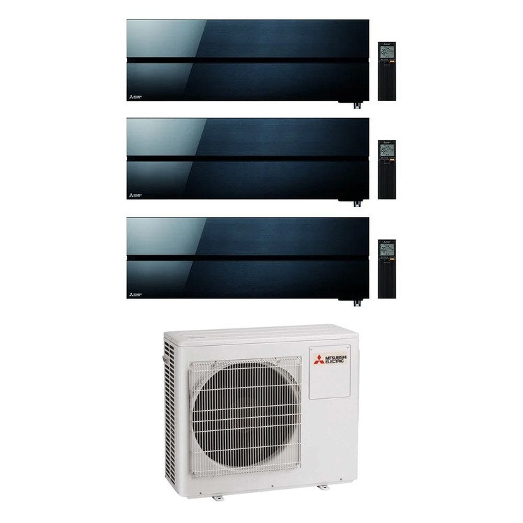Mitsubishi 3-fach-Split-Klimagerät MSZ-LN Kirigamine Style, Wandgerät, Inverter, WLAN, Onyx Black – Außengerät R32 7,2 kW, Innengeräte 9000+9000+18000 BTU MXZ-4F72VF+MSZ-LN[25|25|50]VG2B