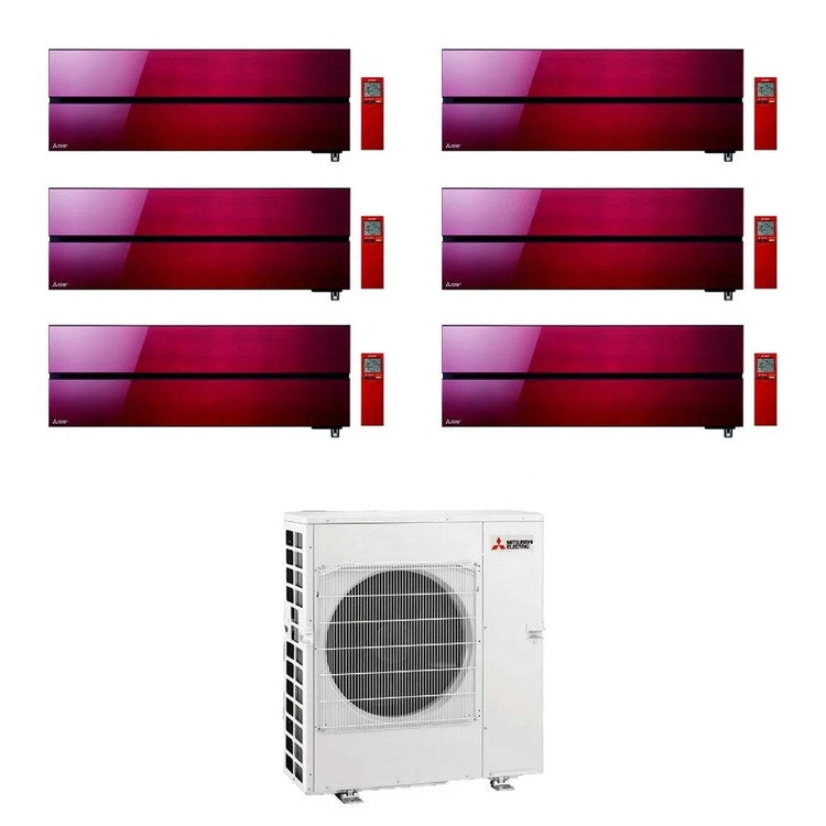 Mitsubishi 6-fach-Split-Klimagerät MSZ-LN Kirigamine Style, Wandgerät, Inverter, WLAN, Ruby Red – Außengerät R32 12 kW, Innengeräte 9000+9000+9000+9000+9000+12000 BTU MXZ-6F120VF+MSZ-LN[25|25|25|25|25|35]VG2R
